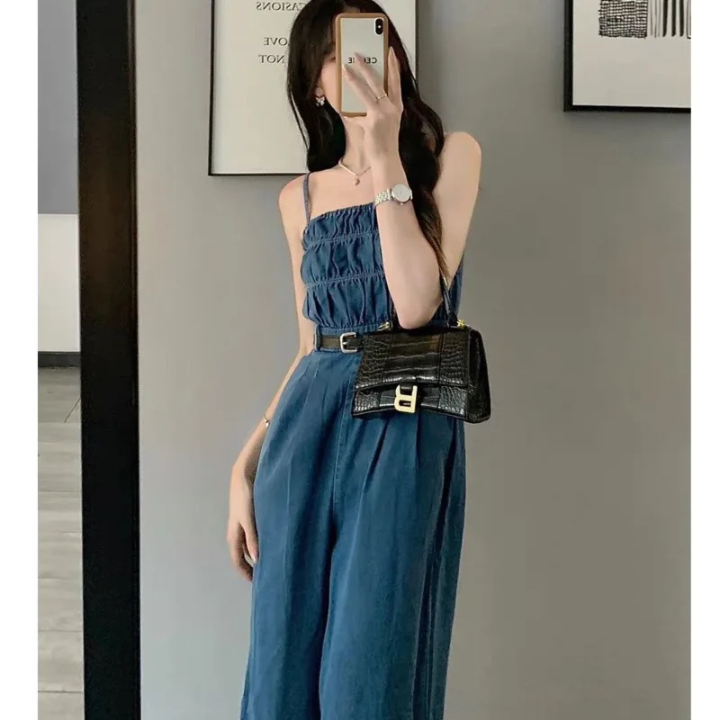 Women\'s 2024 New Summer Denim Romper Camisole Slimming And Fashion Korean Style Wide Leg Long Pants Corset Jumpsuit For Women