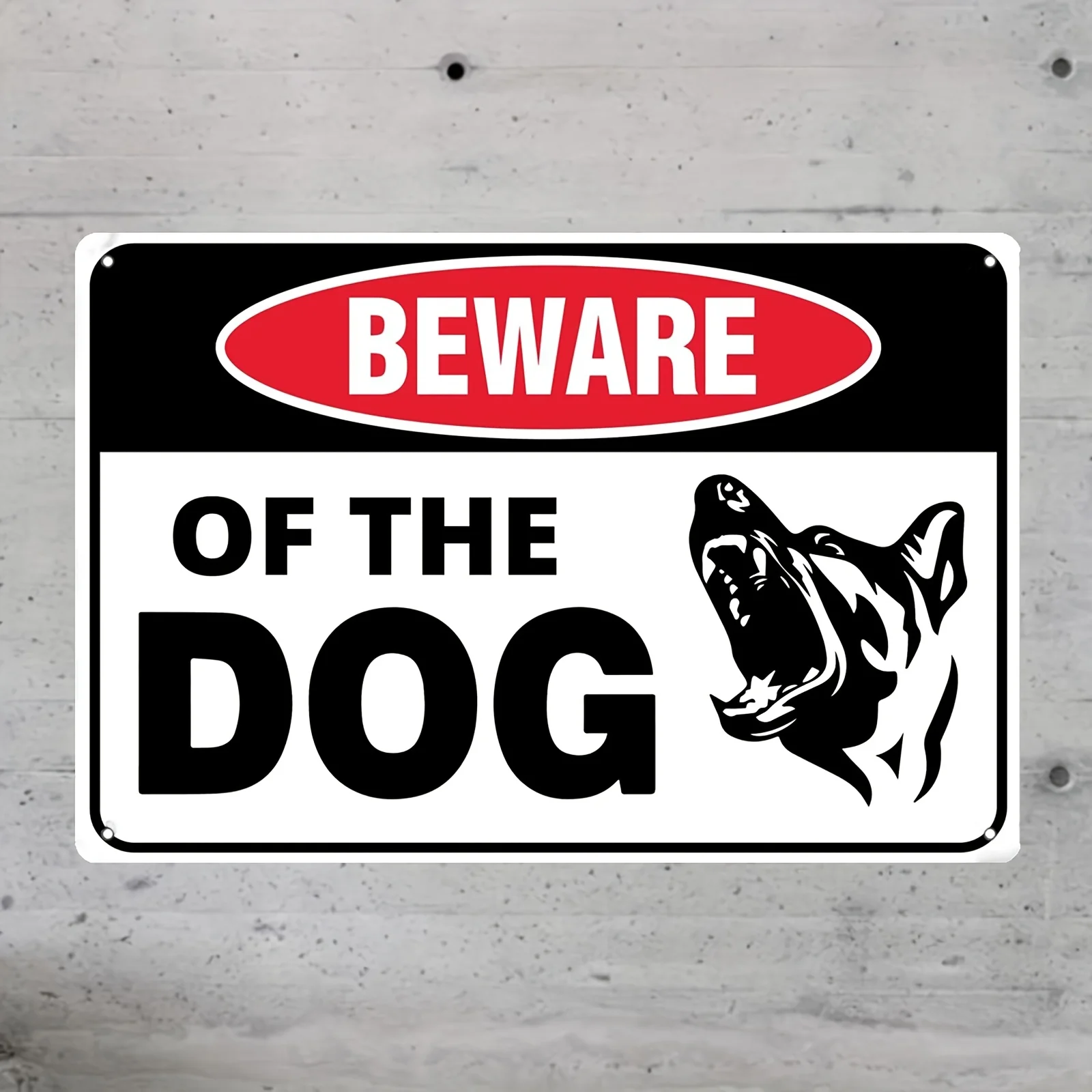 Vintage Retro Beware of the Dog Sign with Black and White German Shepherd Silhouette and Bold Typography HD Metal Picture Wal