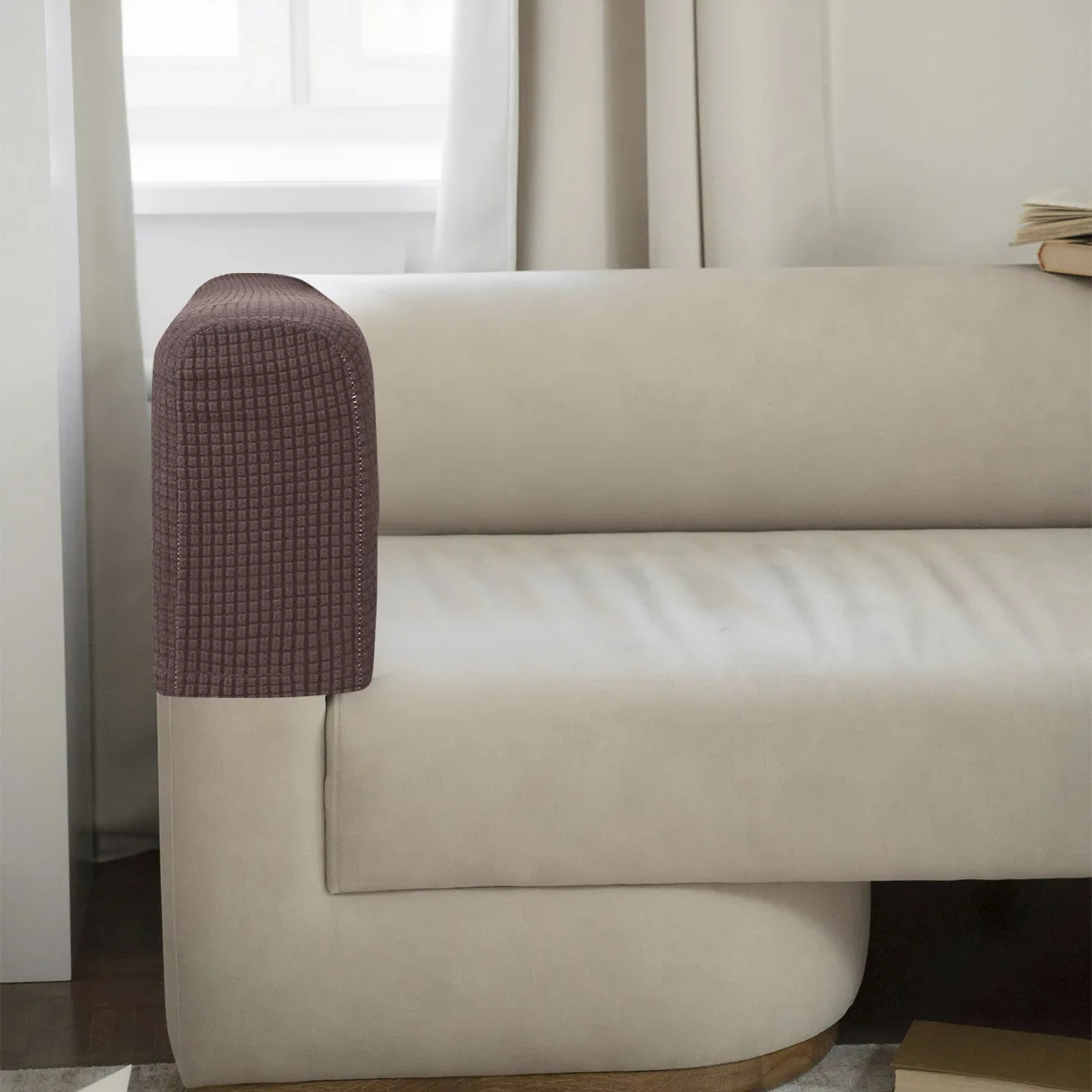 

2pcs Sofa Armrest Covers Universal Elastic Protector For Home Office Skin-Friendly Shuttle Woven Washable Dark Coffee