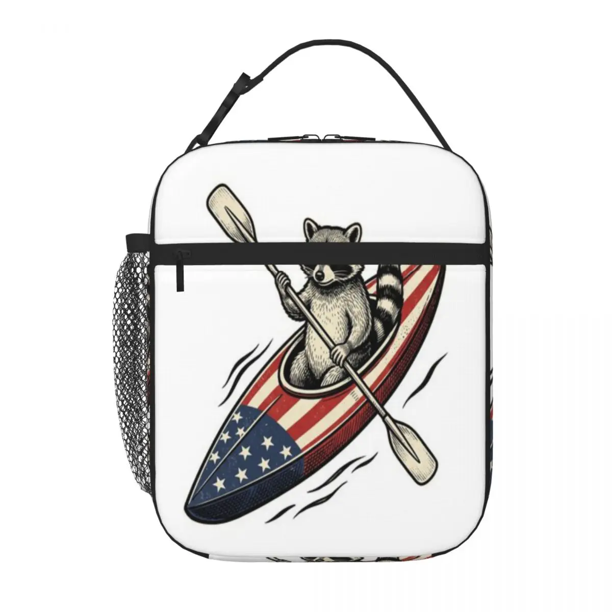 Hot Sale Kayak Raccoon Fruit Print Canvas Lunch Bag Auto Travel Insulated Snack Tote