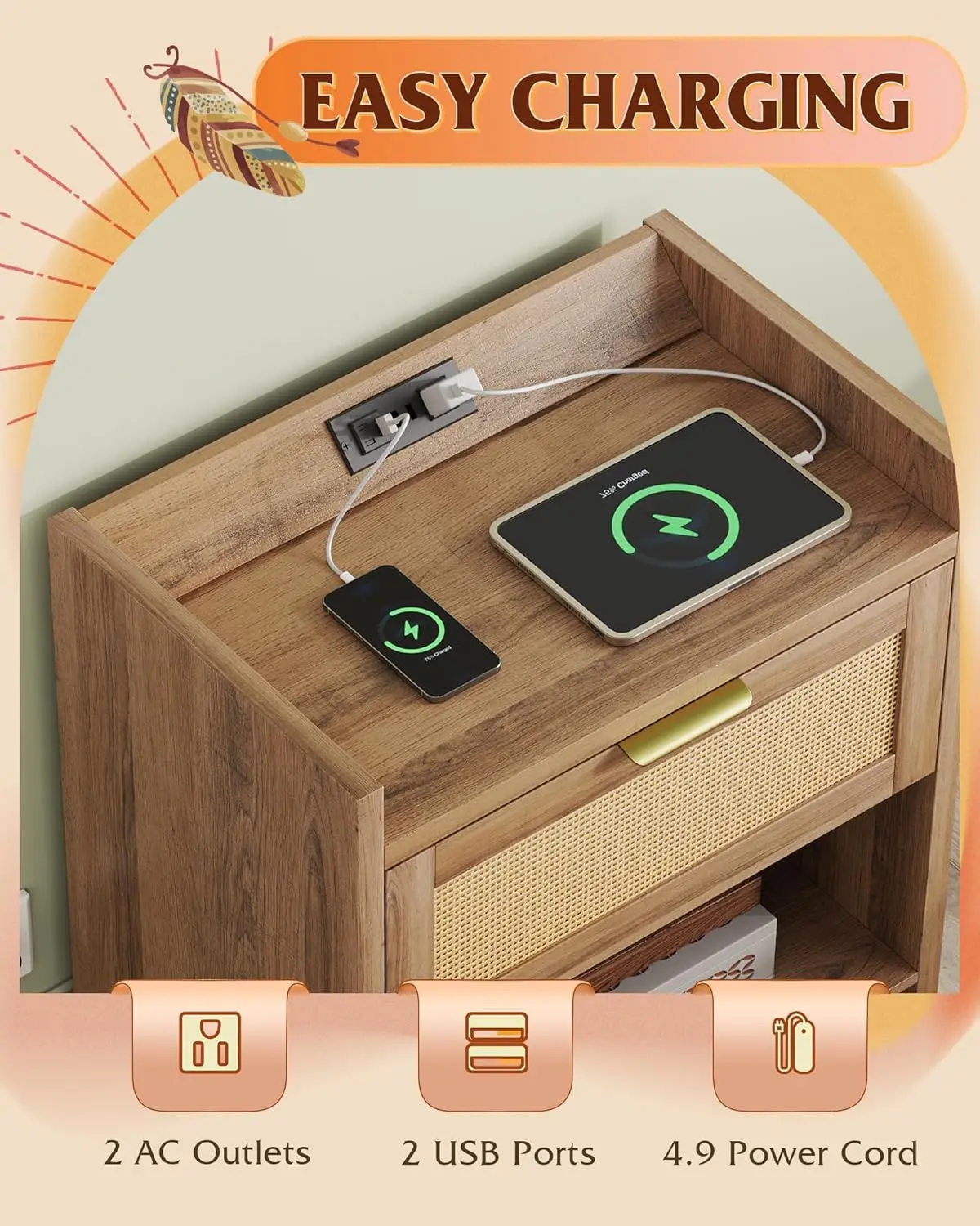 طقم طاولات ليلية من الروطان مكون من 2، طاولة جانبية لسرير بوهو مع محطة شحن ودرج