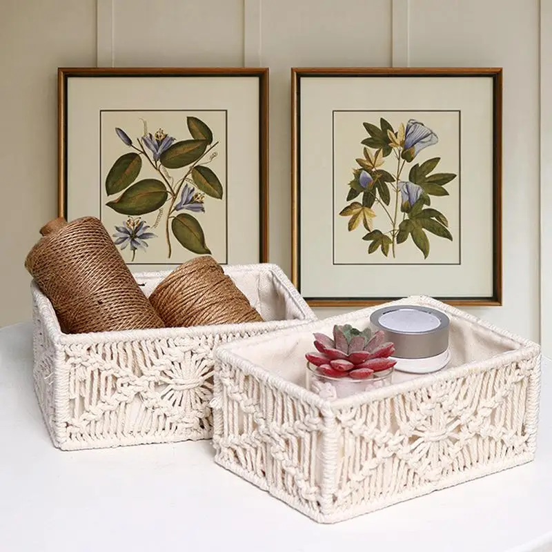 Woven Storage Baskets Wicker Macrame Baskets Fruit Tea Snack Bread Basket Rectangular Storage Box Kitchen Storage Accessories