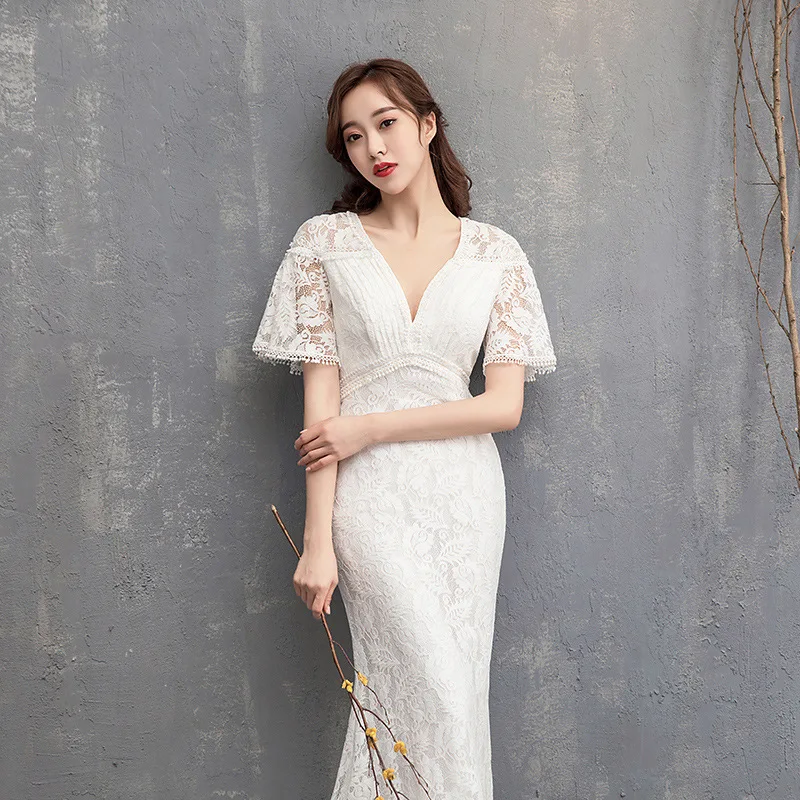 Gaun Pengantin Putih Mewah Model Mermaid untuk Wanita, Pemotretan Sederhana, Renda V-neck, Vestidos Novias Boda, Gaun Pesta Pernikahan