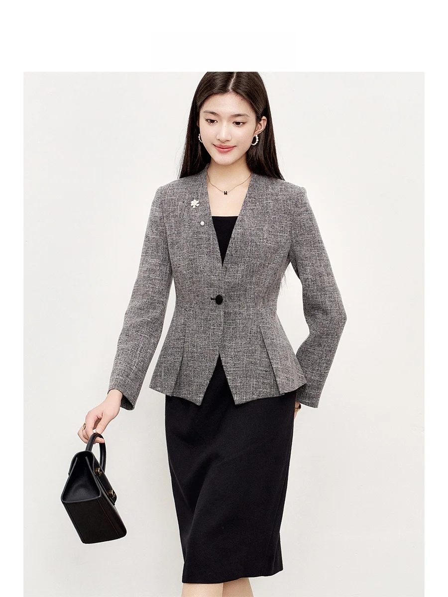 

OFFIY High nce Sle Profional Slim Fit без воротника с застежкой на талии Карьерный женский костюм Джет с брошью