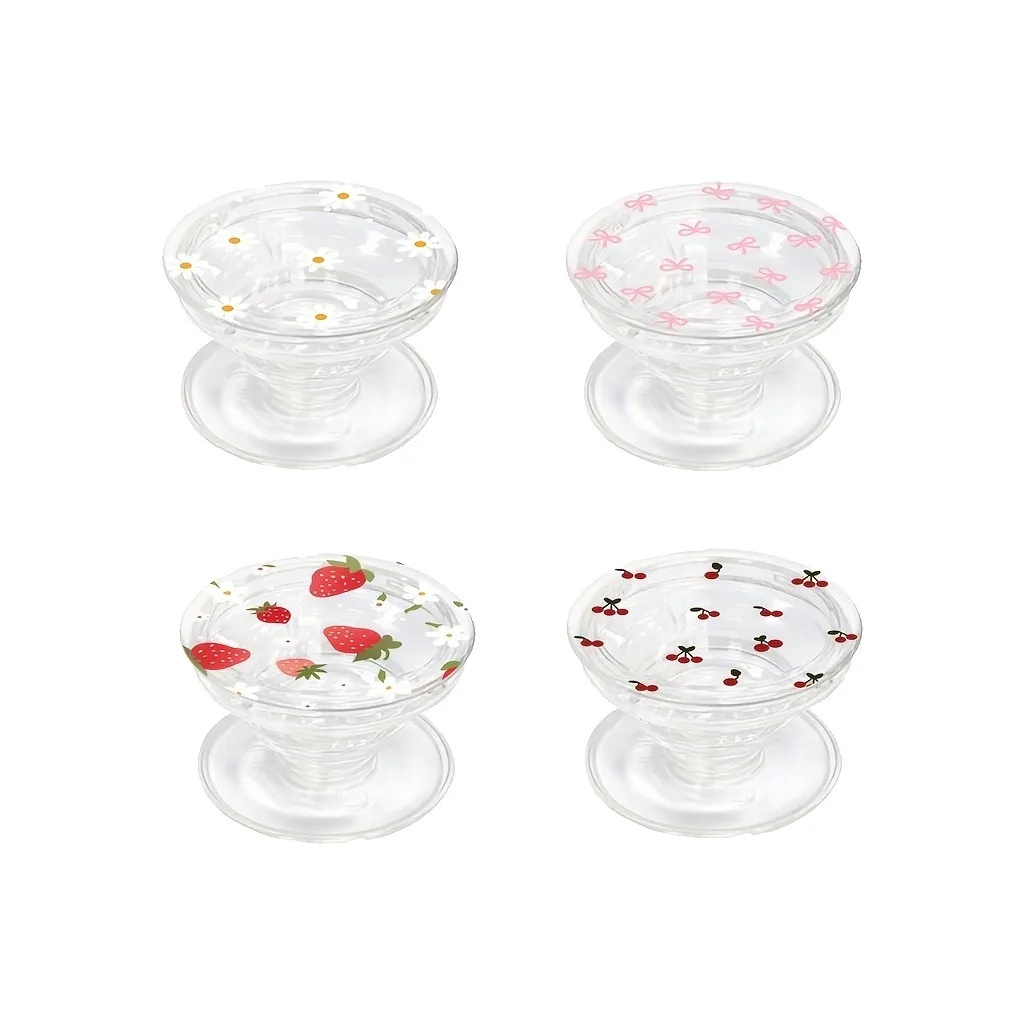 Support de téléphone transparent Griptok motif marguerite, nœud, fraise et cerise pour iPhone 17 16 Samsung Huawei Xiaomi, style INS coréen