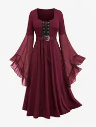 ROSEGAL Plus Size Women's Dresses, Black Lace Up Mesh, Flare Sleeves, Buckle Belt, Autumn, Winter Long Dress Casual Vestidos
