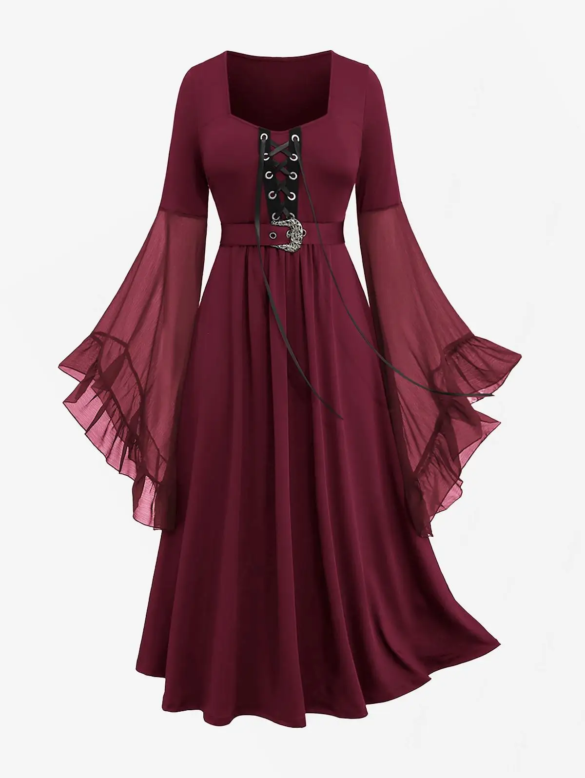 ROSEGAL Plus Size sukienki damskie, czarne sznurowane siateczkowe, rozkloszowane rękawy, pasek z klamrą, jesień, zima długa sukienka Casual Vestidos