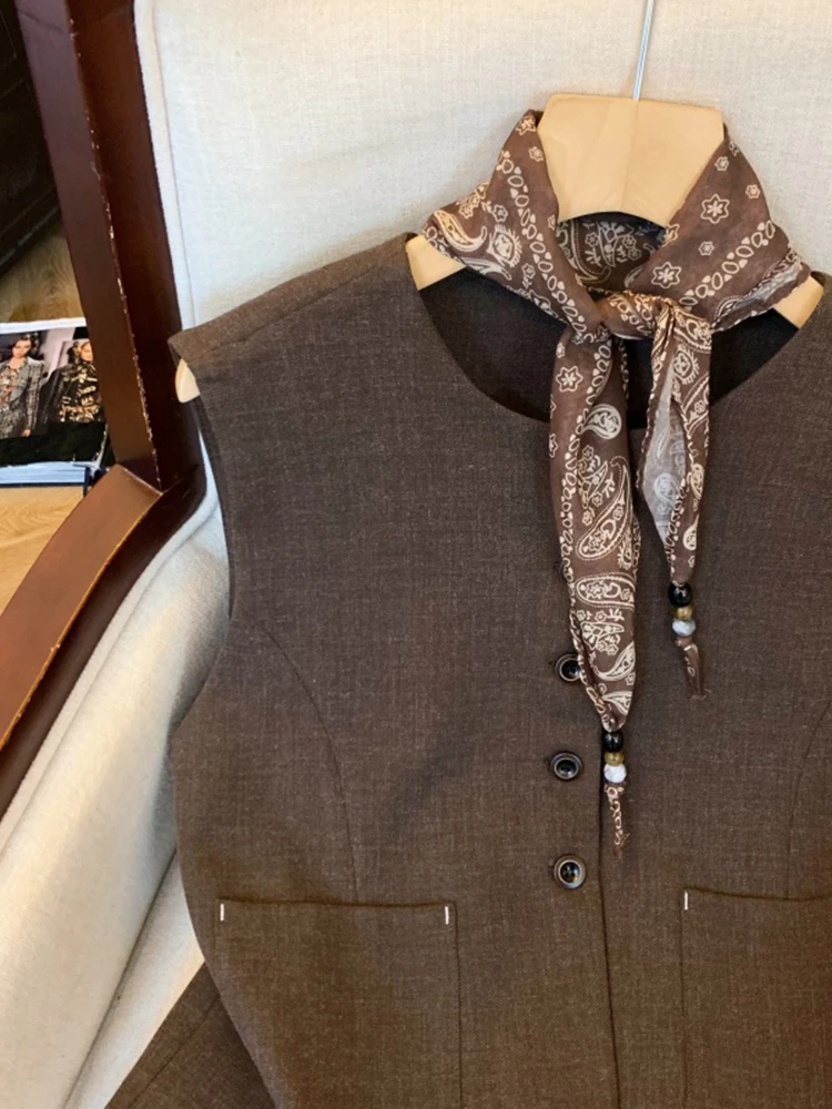 Ele Ne-Tie 실크 스카프 조끼 커피색 여성용 가을 겨울 패션 고급 스웨이드 조끼 탱크탑 황 치안에르