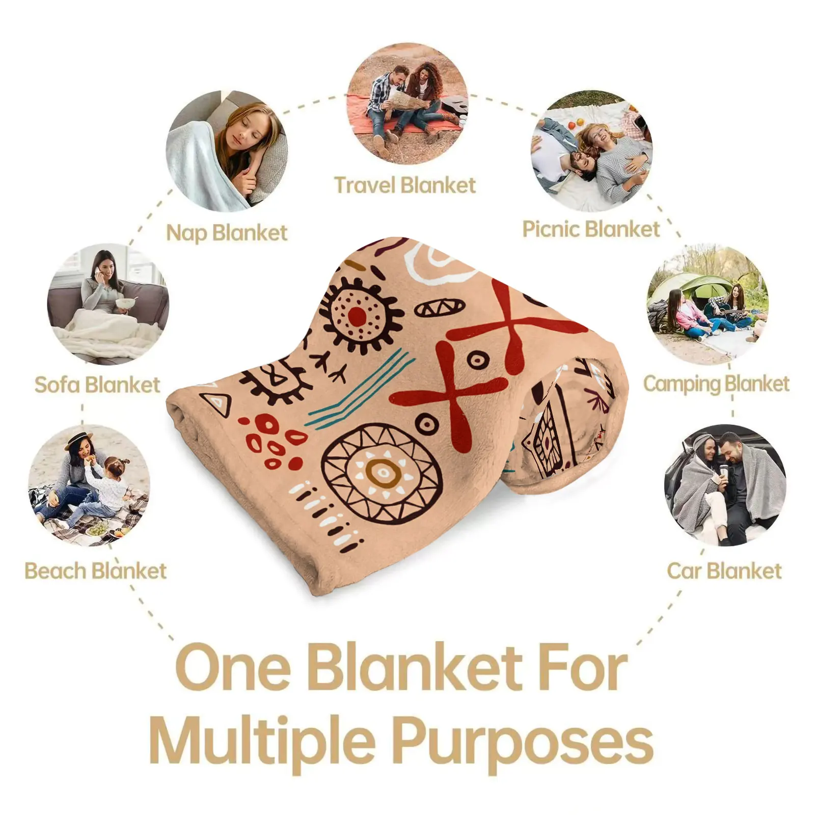 Boho African Tribal Geometric Pattern Flannel Throw Blanket Vintage Ethnic Aztec Totem Print Soft Microfiber Warm Fleece Blanket