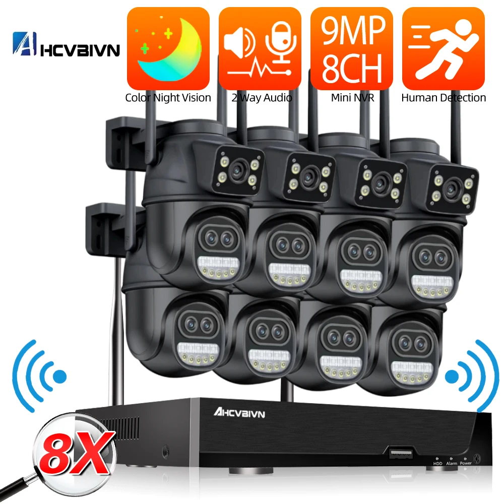 9MP HD Wireless IP Camera Set 8X Zoom Dual Lens Security Proction PTZ WIFI Camera 8CH 5MP NVR Video Surveillance Kit ICSEE 4CH