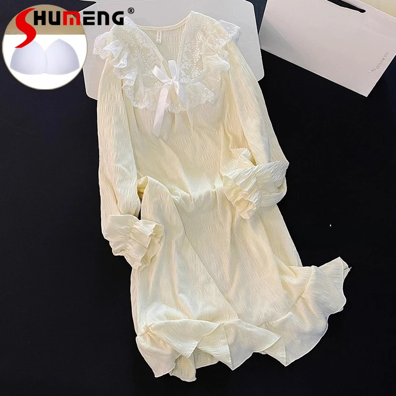 

Sweet Apricot Pajamas for Women Summer Cotton Lace Nightdress with Chest Pads Female Long Sleeve Princess Style Nightgowns