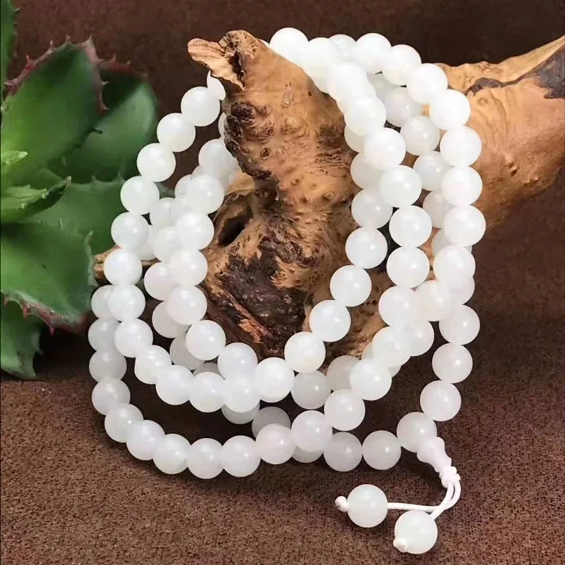Hotan White Jade , Unisex Round Bead Bracelet, Natural Oblong Shape