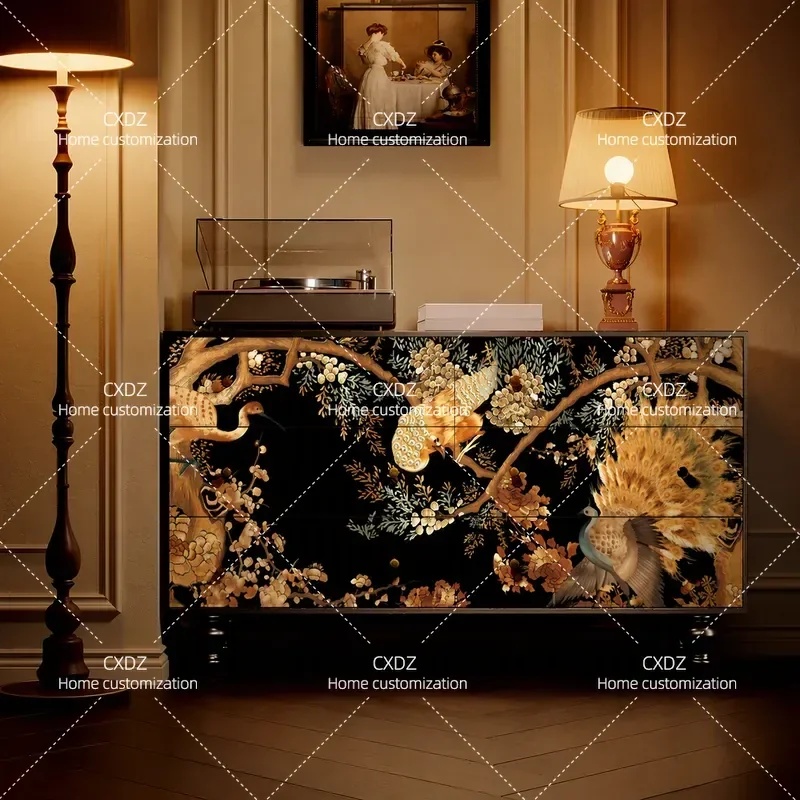 French Chinese style golden silk peacock solid wood five buckets six buckets cabinet living room against the wall storage