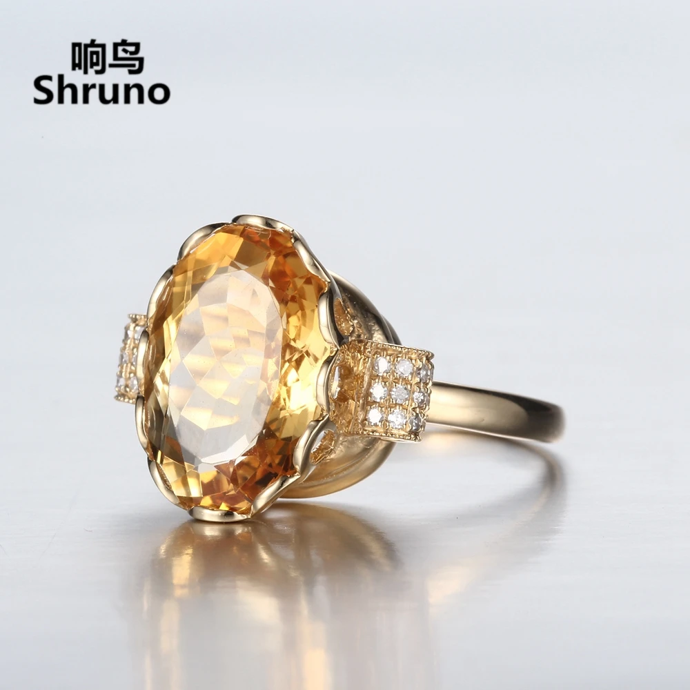 Shruno Solid 14K AU585 Yellow Gold Oval 10mmx14mm 5.5ct Natural Citrine Engagement Ring Women Real Diamonds Fine Jewelry