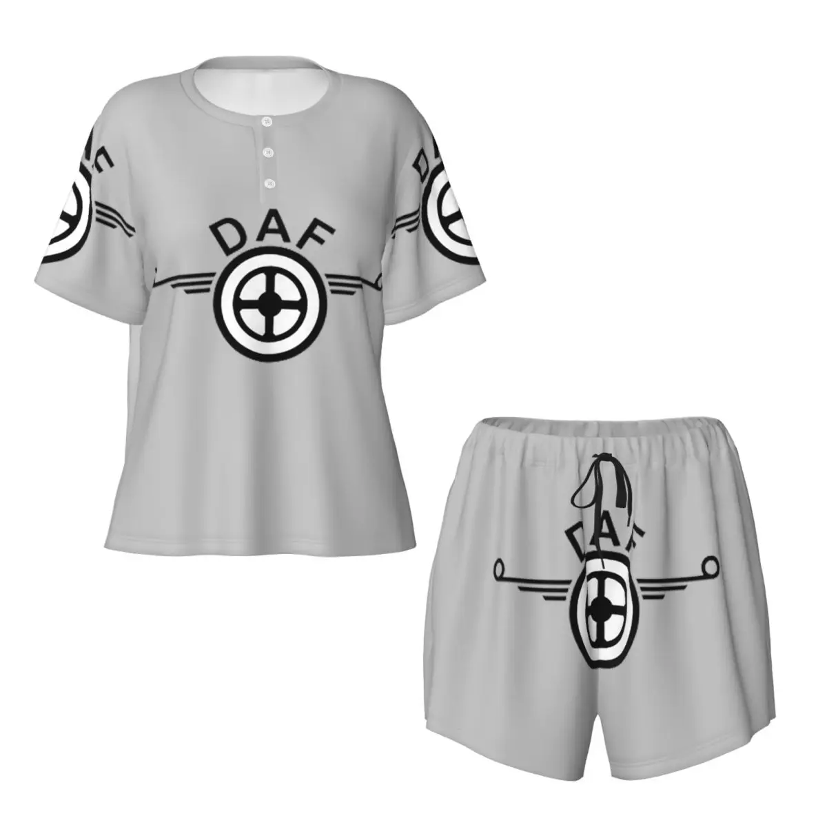 Daf Truck Logo Vector Design Round Neck Short Sleeves Nightdress for Sleeping Sleepshirts Women Loose Pajama Set Short Pants