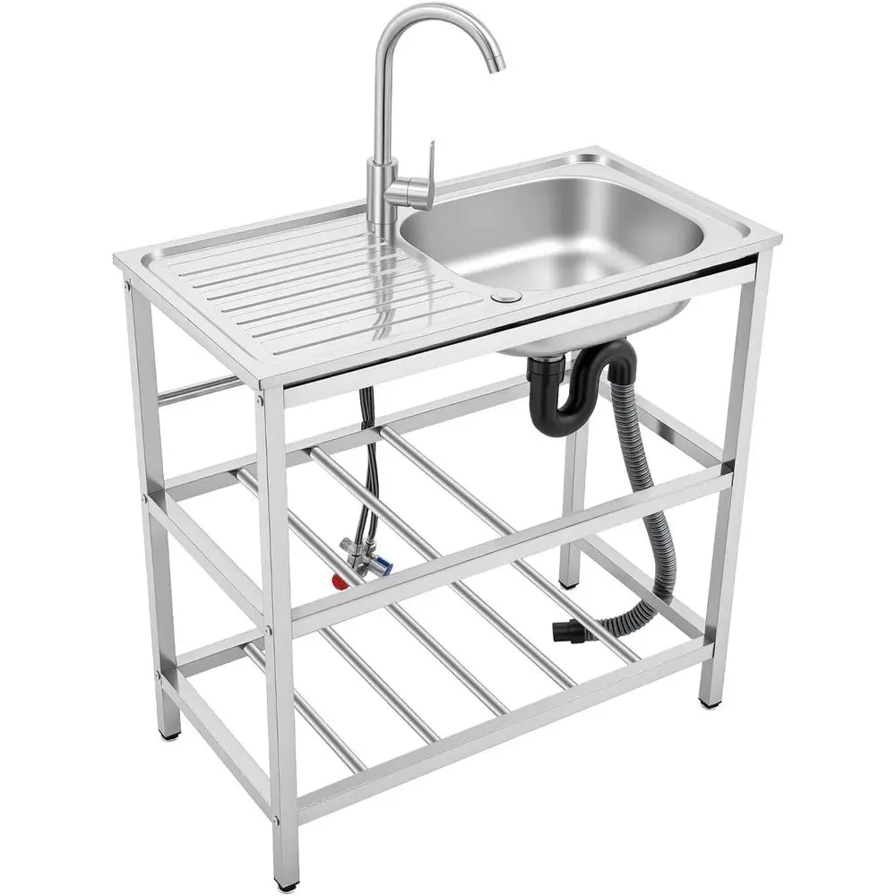 

Commercial-Grade Stainless Steel Single Bowl Sink with Workbench and Storage for Kitchen, Restaurant, Laundry, and Garage Use