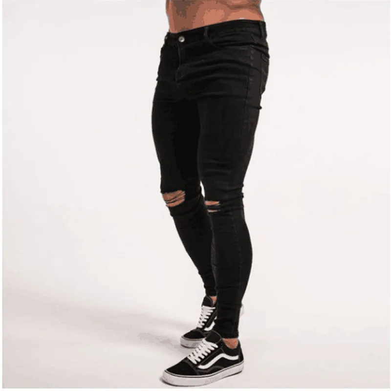 Wholesale 2020 Fashion High Street Spring Summer Stretch Denim Streetwear Pantalon Homme Casual Black Knee Hole Skinny Jeans Men