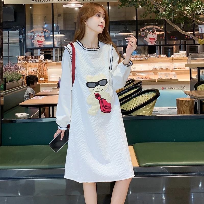 Autumn and Winter Sweet Pregnant Women's White Dobby Dress Ruffles Patchwork Long Lantern Sleeve Maternity A-Line Dress Sweet