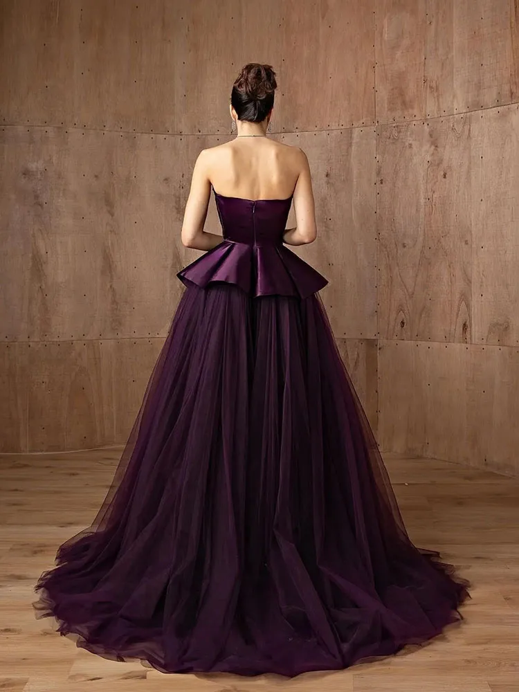 فستان سهرة رسمي من LAYXHS باللون الأرجواني بدون حمالات مكشكش على شكل حرف a فستان للحفلات الراقصة مخصص من Fساتين Sheer