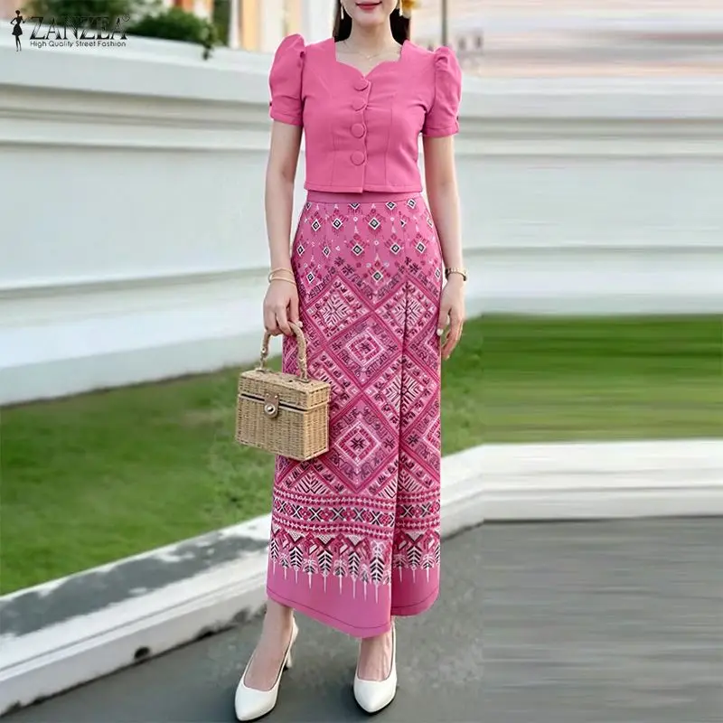 ZANZEA 2-teiliges Sommer-Outfit für Damen, Kleid-Sets, quadratischer Ausschnitt, kurze Ärmel, kurze Oberteile, bedruckter Rock, Anzug, 2-teiliges Set im Ethno-Stil
