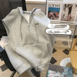 Young Style 2024 Autumn New Boyfriend Hooded Solid Color Spliced Zipper Stylish Casual Loose All-match Sleeveless Jackets Vests