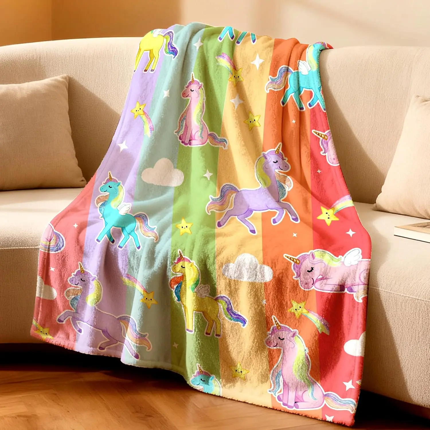 Rainbow Vertical Stripe Cute Winged Unicorn Cloud Star Cartoon Print Soft Flannel Blanket for Kids Bedroom Lovely Warm Home
