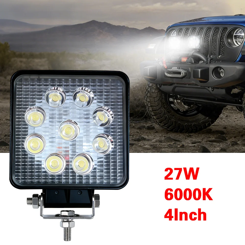 Square LED Work Lamp 27W 9 LEDs for Car SUV Forklift Inspection Light Off-Road Vehicle Bar Light Automotive Lighting