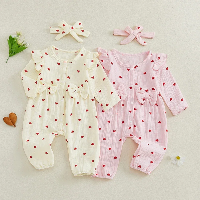 Tregren Autumn Newborn Infant Baby Girl Romper Jumpsuit Long Sleeve Crewneck Heart Print Playsuit with Headband Baby Clothes