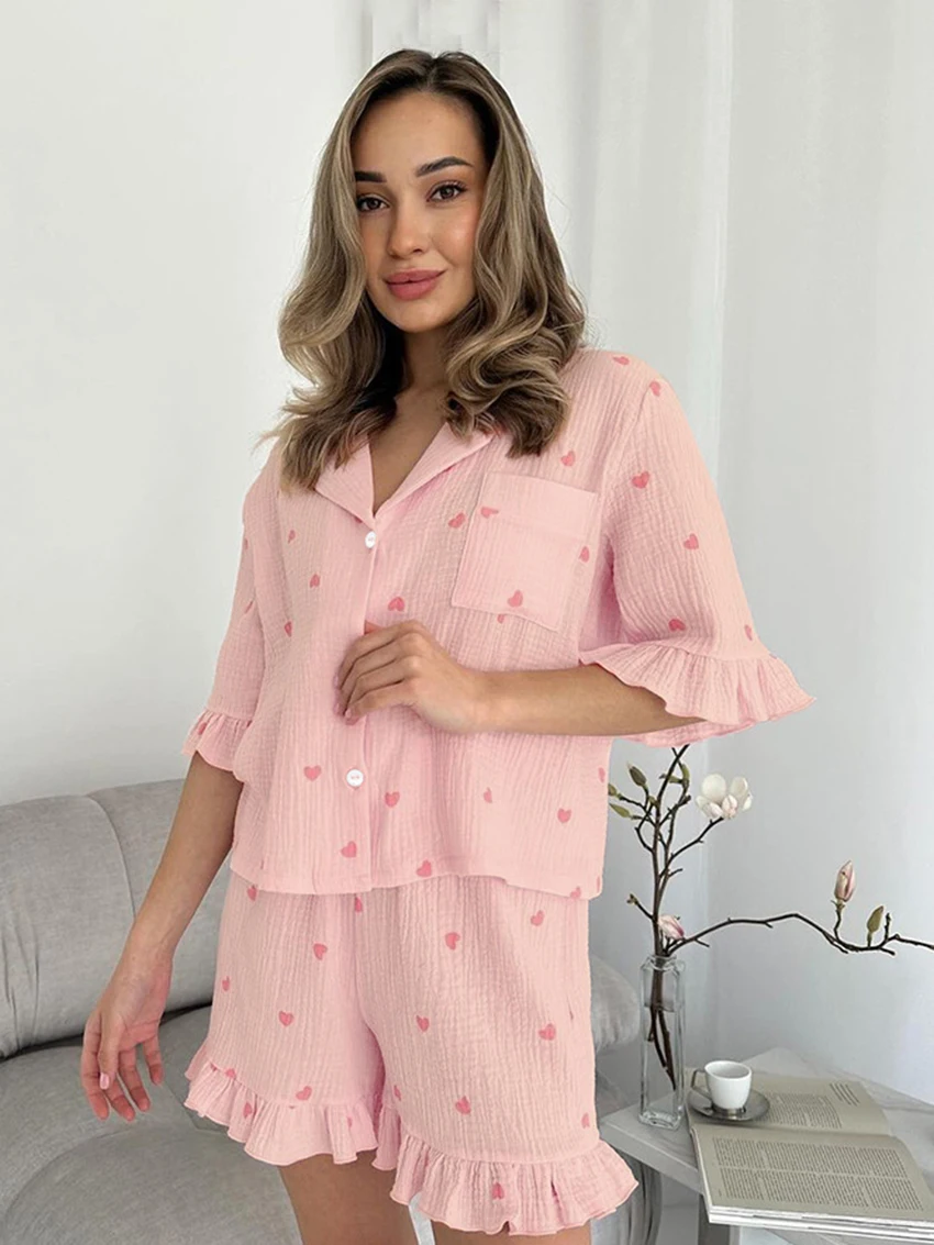 Marthaqiqi Casual Women Nightgowns Suit Sexy Turn-Down Collar Sleepwear Half Sleeve Nightwear Shorts Printing Ladies Pajamas Set