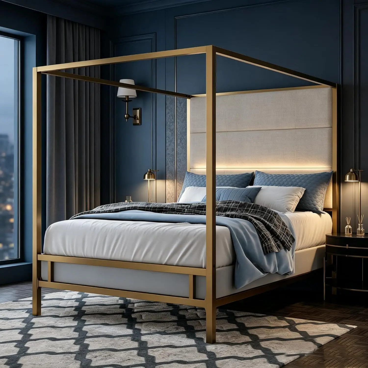 Queen Canopy Bed Frame with Linen Headboard & 4-Poster Metal Frame, Customized - view 3