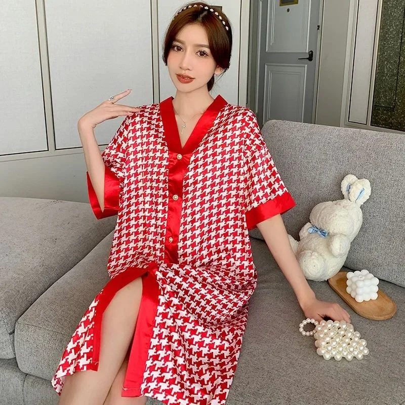 Summer Nightdress Women Ice Silk Short Sleeves Sleepwear Sweet Cute Loose Plus Size Mid-length V-neck Loose Loungewear New 2024