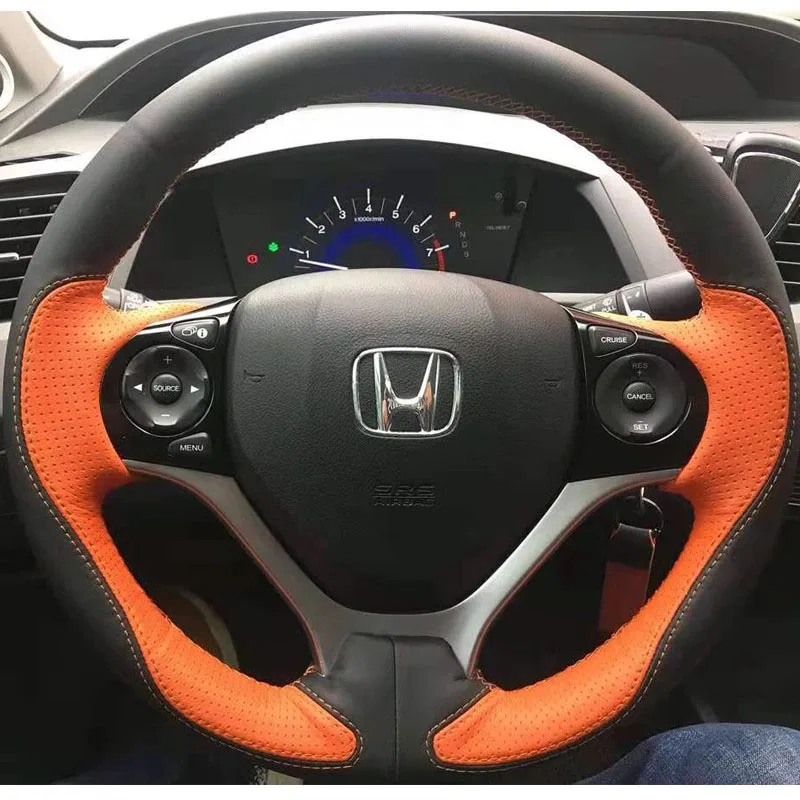 for Honda Civic 9 2012-2015 Jed 2013-2018 Hand-Stitched non-slip black red Genuine Leather Sports style Car Steering Wheel Cover