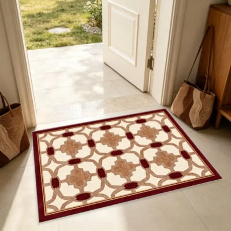 Front Door Mat Classic European Quatrefoil Cross Printed Carpet Interlocking Arched Grid Burgundy Border for Entrance Hallway