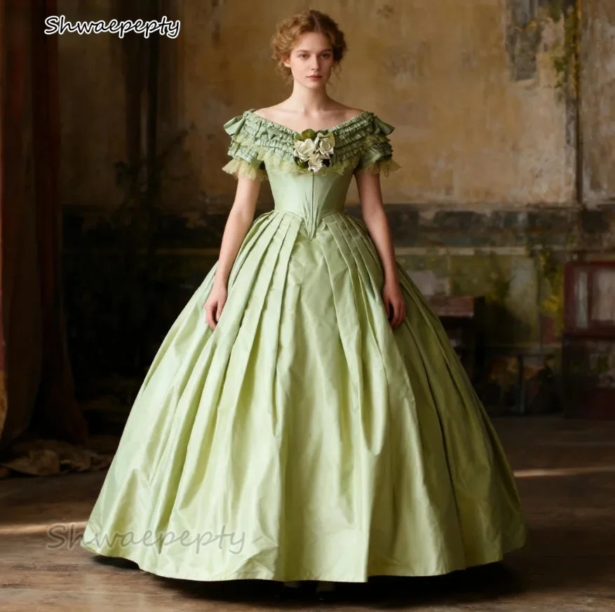 1860s Historical Prom Dress Civil War Lace Short Sleeves Sage Satin Ball Gown Vintage Victorian Evening Gown Customized
