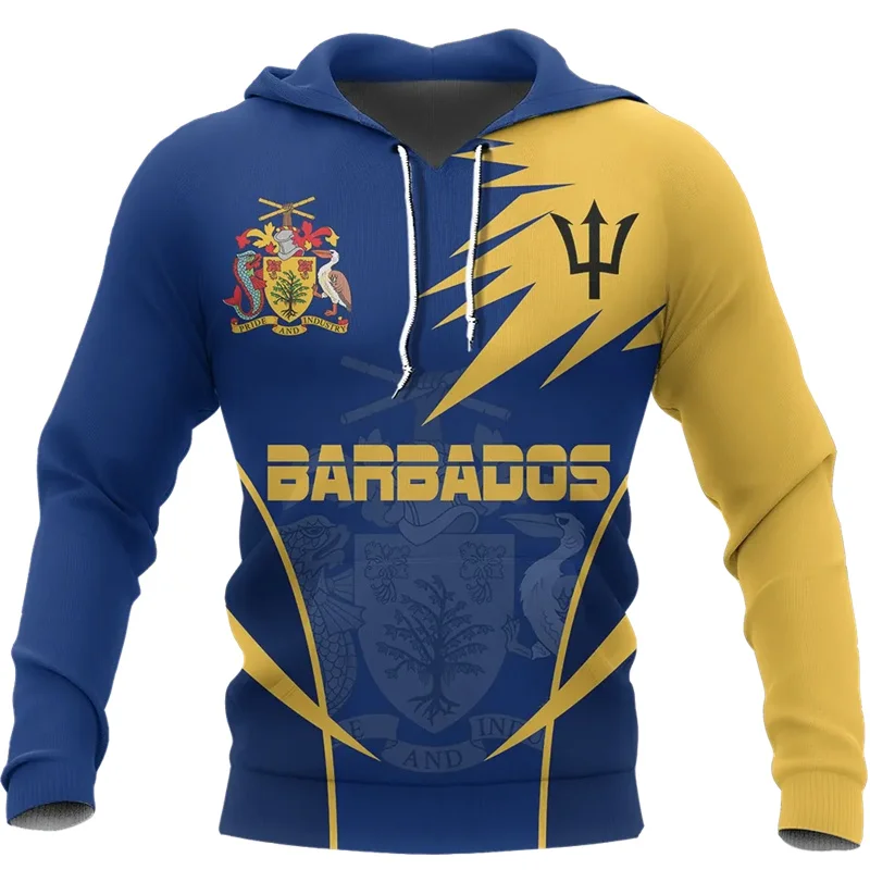 3D Barbados National Flag Printed Hoodies Barbados Coat Of Arms Emblem Graphic Hooded Sweatshirts Mens Clothing Pullovers Hoodie