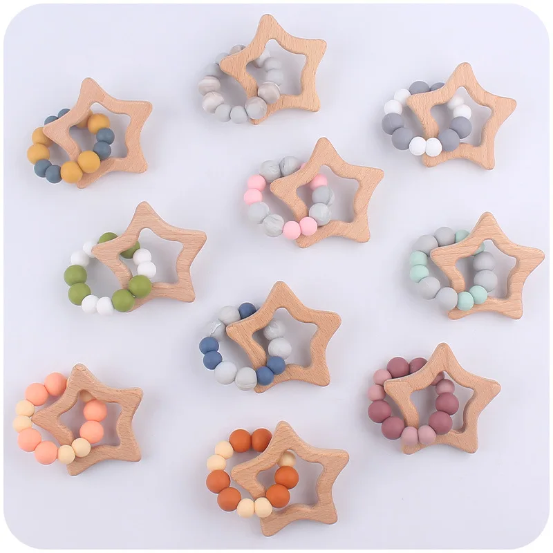 

ABCPICK Wooden Teether Star Silicone Beads Wood Crafts Ring Engraved Bead Baby Teether Wooden Toys For Baby Rattle