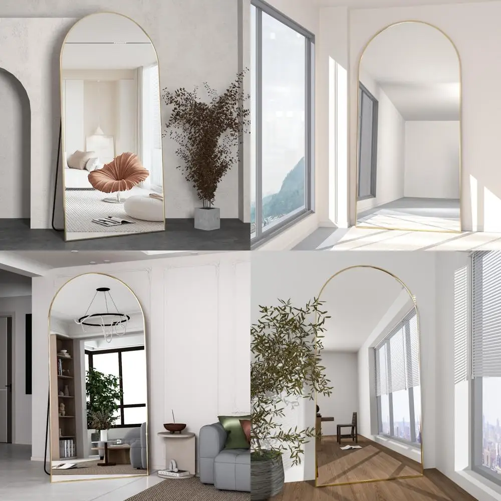 Espelho curvo dourado de comprimento total 193x86 cm, montagem no chão ou na parede, espelho inclinado elegante para beleza e decoração de casa