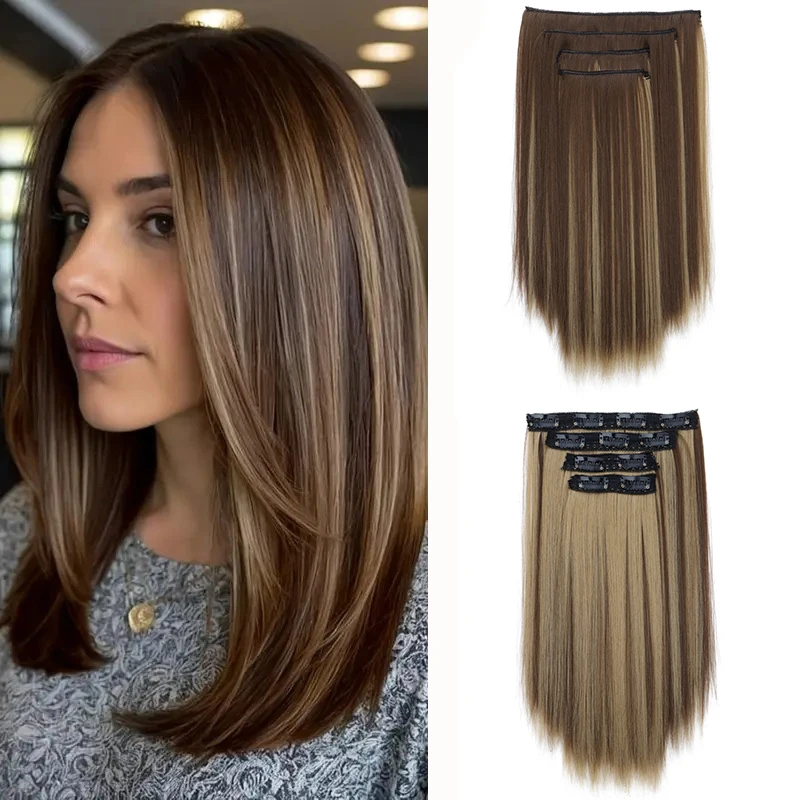 

4pcs 14Inch Synthetic Clip-in Hair Extension Short Straight Soft Invisible Brown Blonde Hairpiece for Women