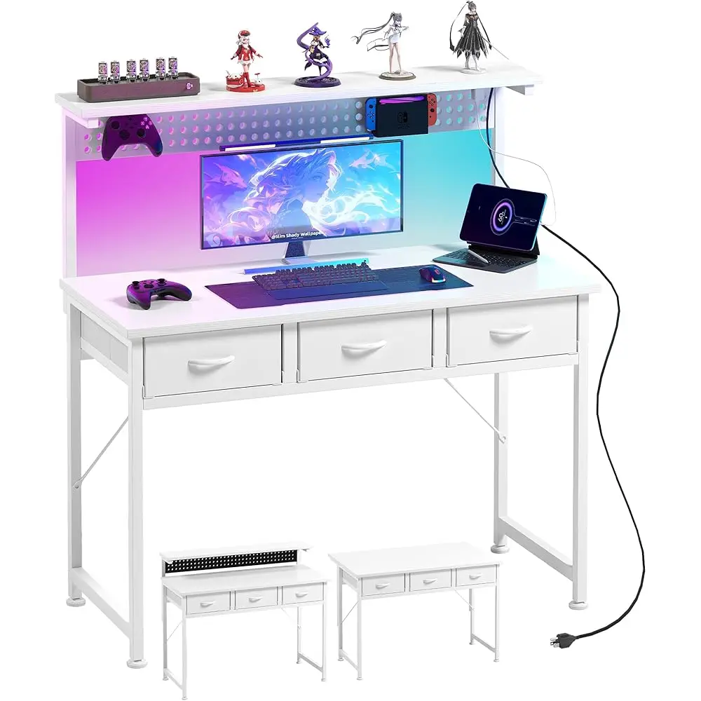 

Computer Desk With Drawers, 40 H Computer Desk With Power Outlet & Led Light, Gaming Desk With Adjustable Monitor Stand &