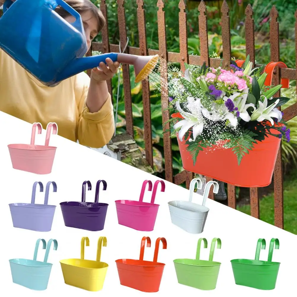 Metal Hanging Planter Window Flower Plant Holder With Drain Holes Removable Dual Hooks Flower Pot Garden Balcony Railing Fence