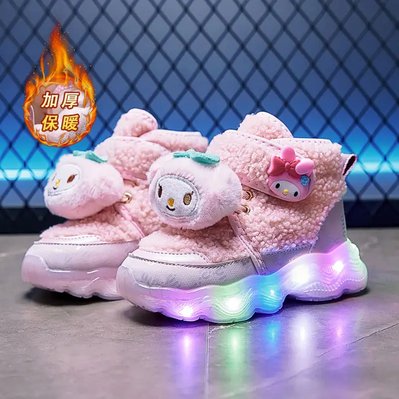 

Sweet My Melody Anime Kawaii MINISO Children Snow Boots Winter Cute Kuromi Fleece Luminous Cotton Shoes Gifts for Kids