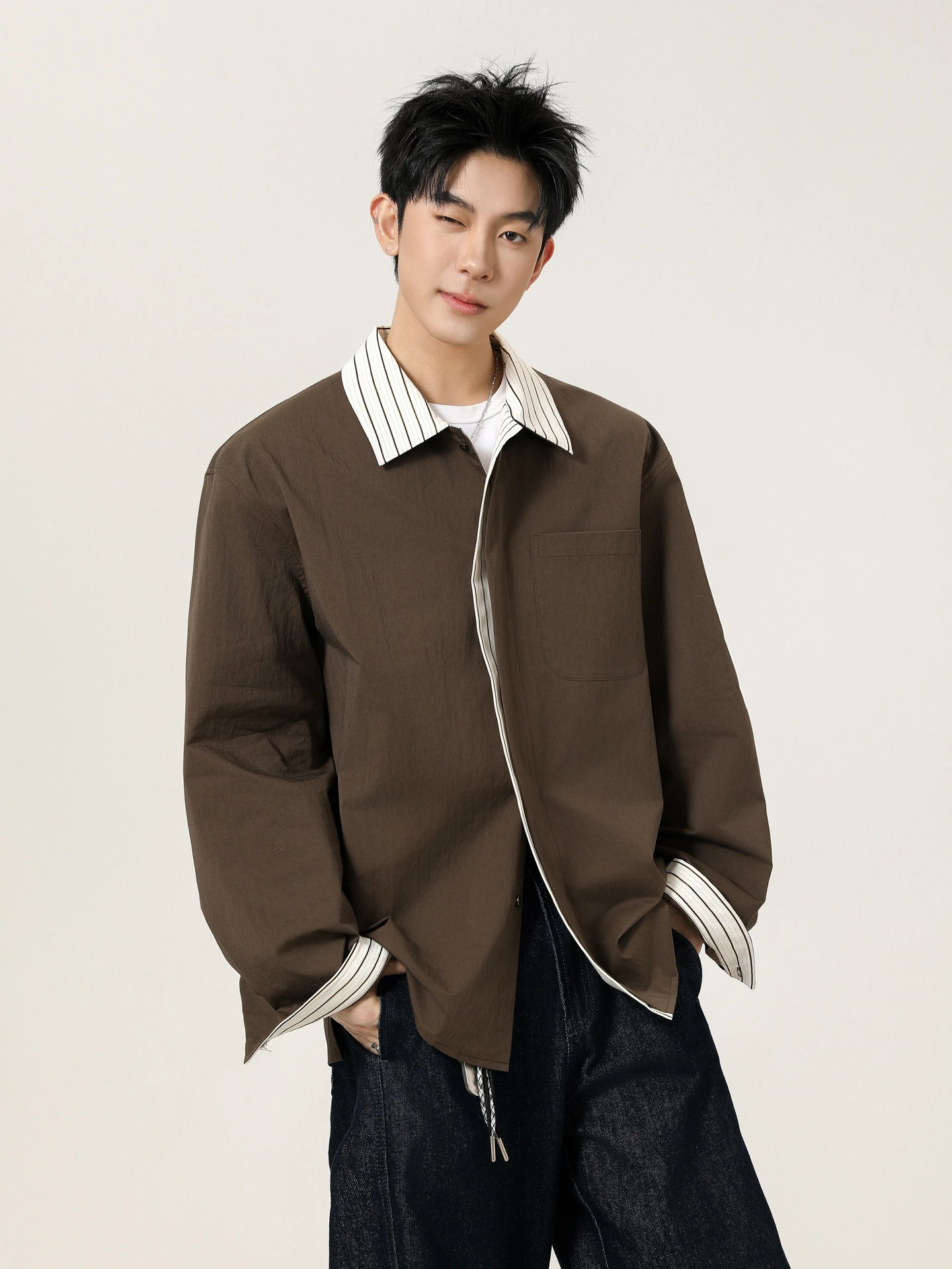 

Spring 2026 Men's Casual Striped Long Sve irt Loose Fit Versatile Couple's Wear Comfortable Breathable Youthful Sle