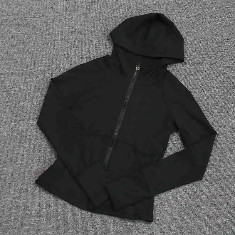 

Women's yoga suit with hooded zipper; long-sleeved hoodie with fleece-lined slim-fit sports top.