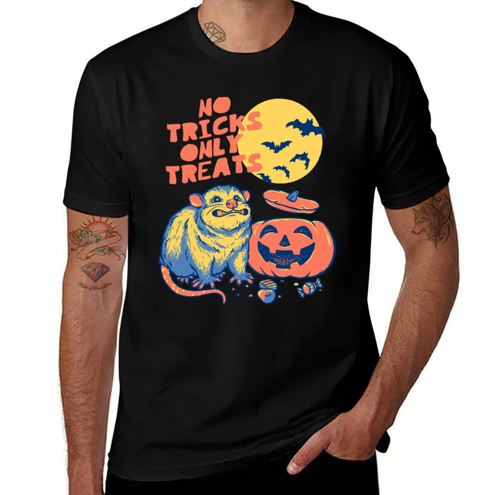 Halloween Possum No Tricks Only Treats Opossum Eating Pumpkin White BG T-Shirt Basic Plain Short Sleeve Crew Neck Tee T-Shirt