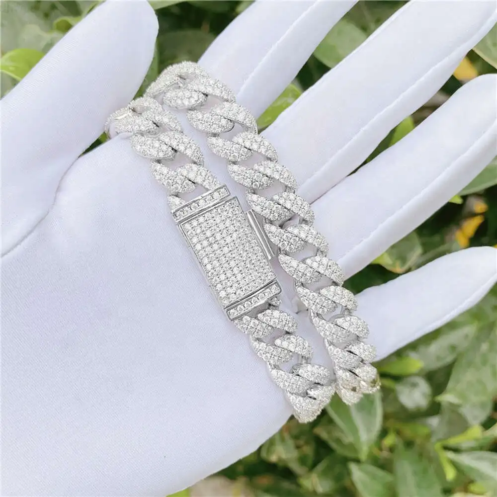 

12mm White Gold Plated Cuban Link Necklace Vvs Moissanite Diamond Custom Cuban Chain Necklace