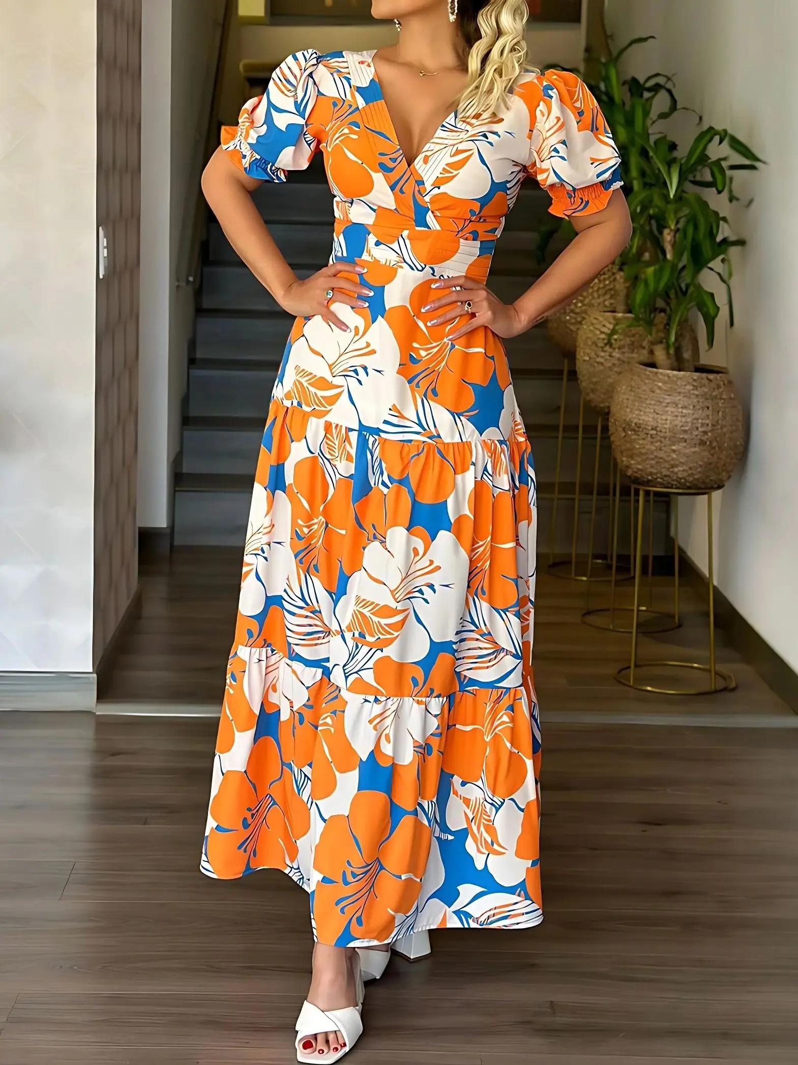 Nowa letnia sukienka z kwiatowym nadrukiem i dekoltem w szpic dla kobiet Elegancka sukienka plażowa Maxi z półrękawkiem A-Line Długie sukienki Casual Vestidos