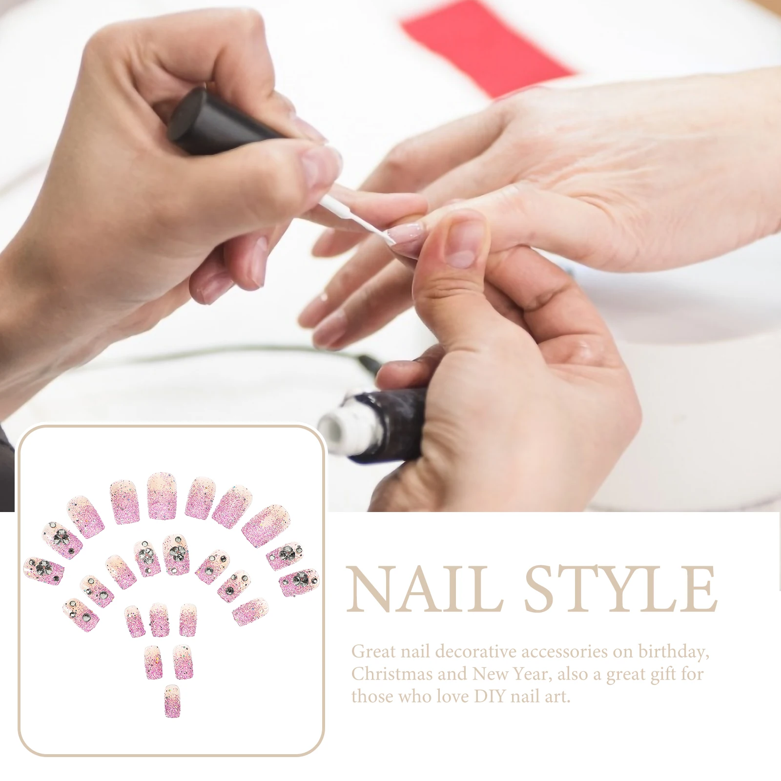 

24pcs Artificial Nails Fake Fingernails Glitter Women Manicure Nail Art Christmas Halloween Birthday Salon DIY