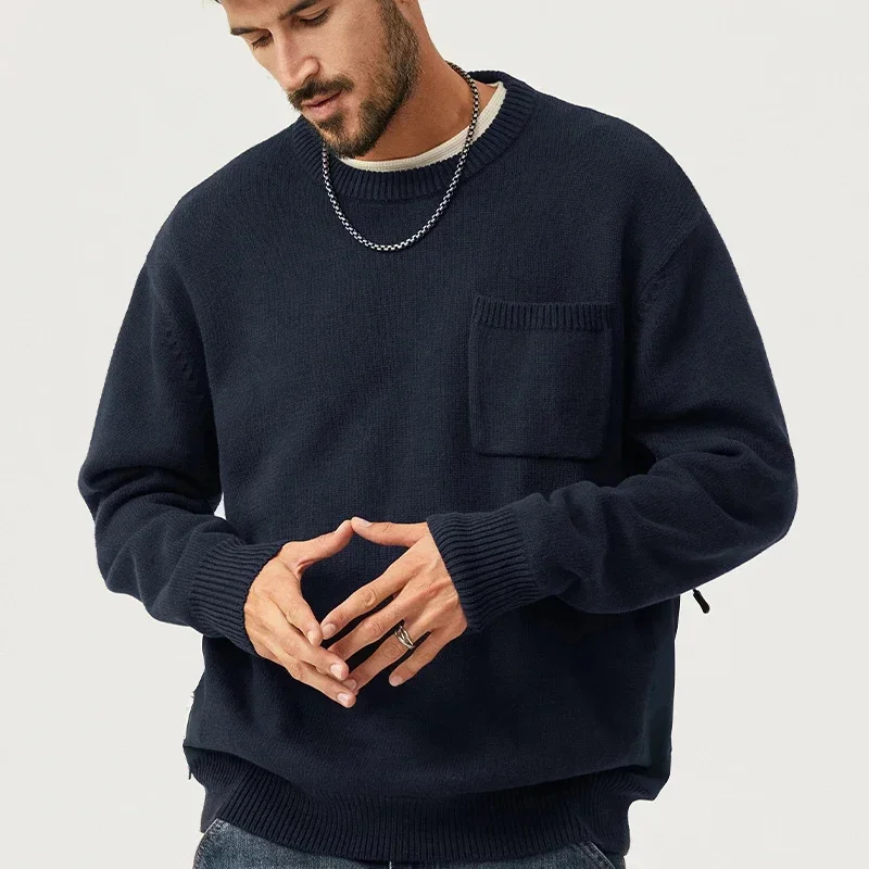 

2026 осень и зима, новая мужская униформа, ветровой свитер, повседневный свободный однотонный пуловер большого размера с круглым вырезом, топ