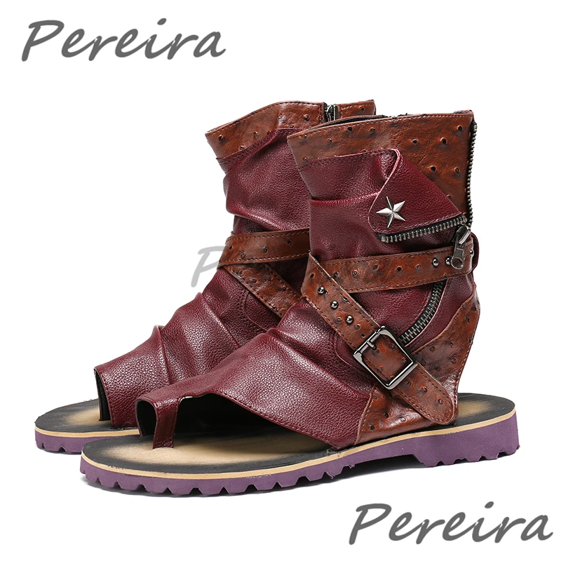 Summer New Men's Roman Sandals Retro Clip Toe Rivets Belt Buckles Side Zipper Sandal Boots Trendy Cow Leather Beach Casual Shoes