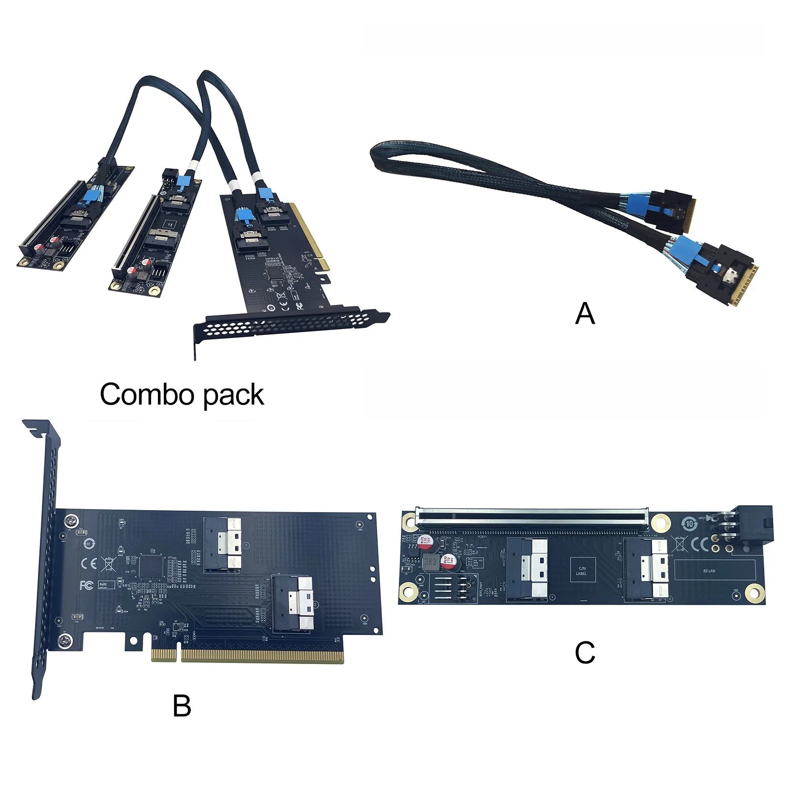 SlimSAS 4.0 To PCIe Expansion Card Heat Dissipation Design External Graphics Card Adapter Dual Power (PCIe + 6PIN DC) SAS Cables